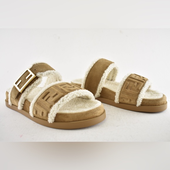 Fendi Feel Slide Shearling Fur Lined Bronze Monogram Logo Mule Flat Sandal 38.5 - Picture 4 of 16